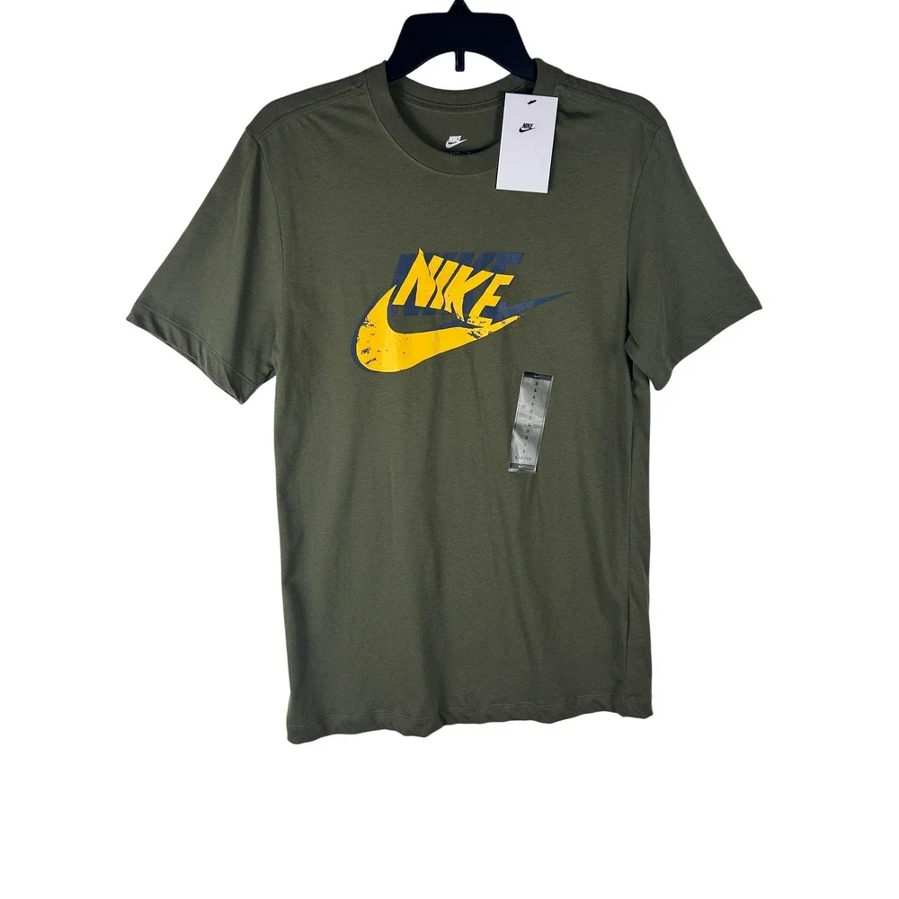 Nike‎ Mens Graphic T-Shirt Olive Green Distressed Swoosh Logo Size Small NWT